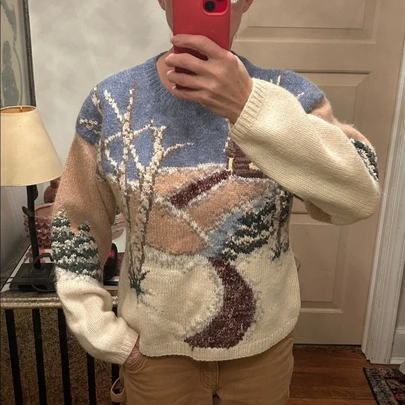 RARE VINTAGE Sz S/M cozy handknit Winter Scene Sweater in Blue and Tan - Picture 2 of 5